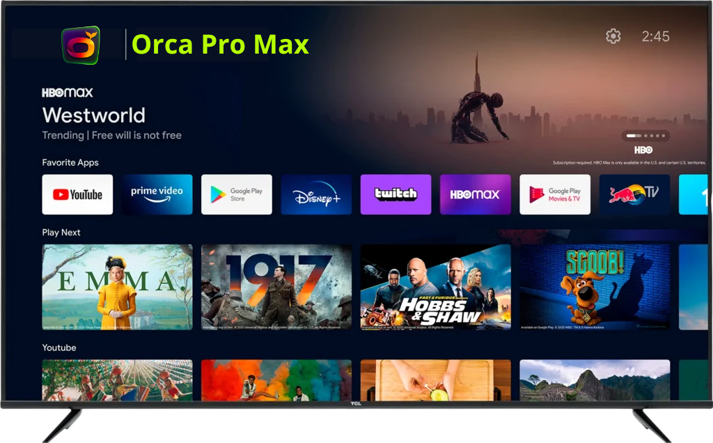 Aperçu de l’interface Orca Pro Max sur un téléviseur